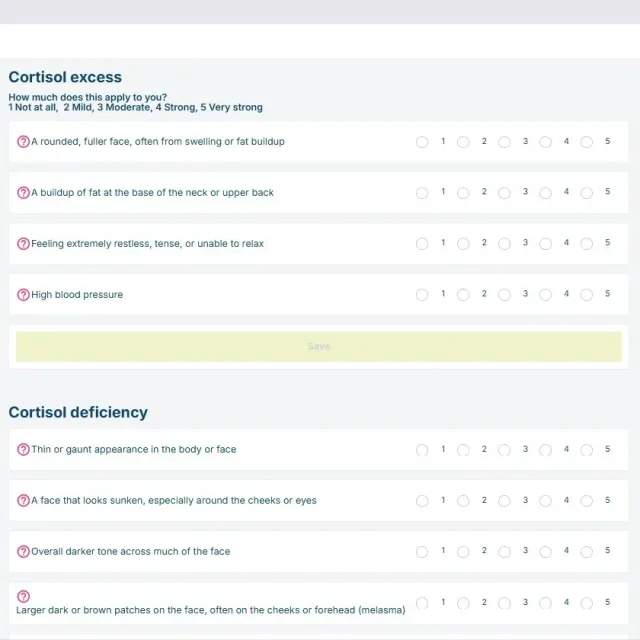 App digital de cuestionario diagnóstico para clínica, flujo amable para el paciente.
