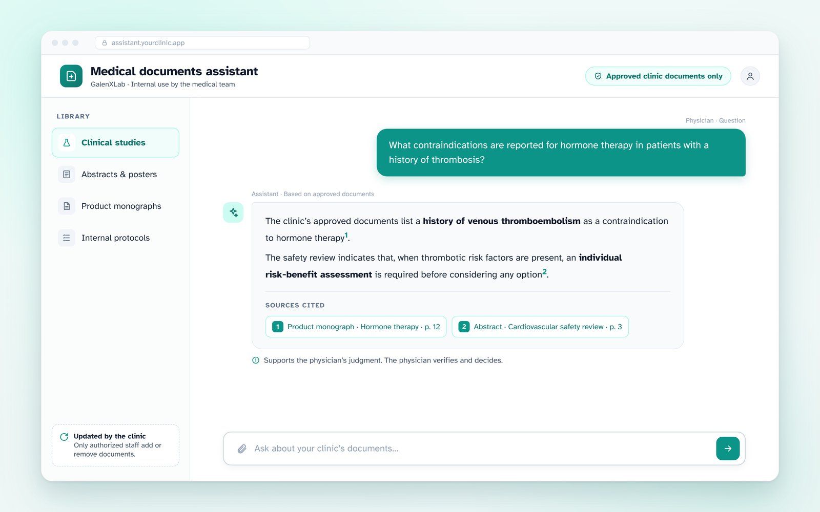 AI assistant answering a physician's question from approved clinic documents, with sources cited