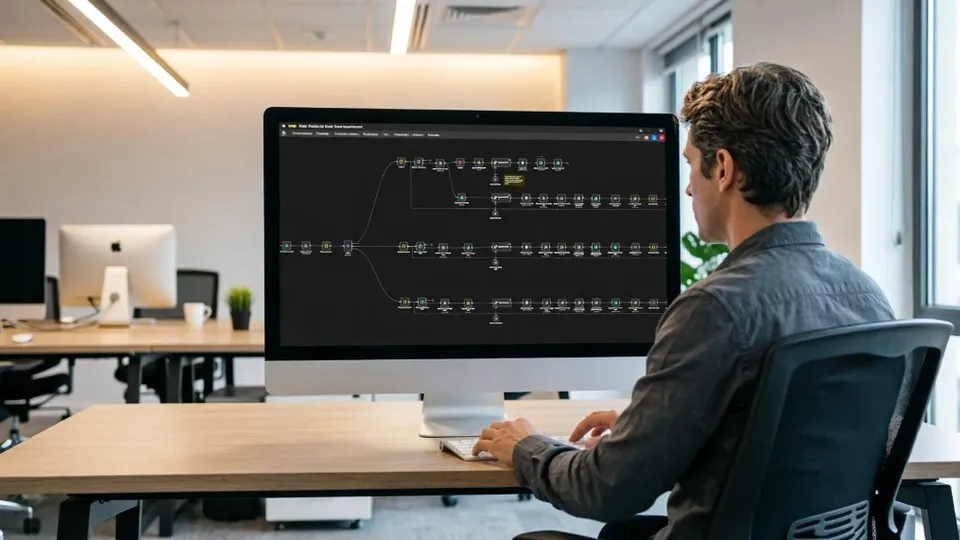 Profesional revisando un flujo de trabajo automatizado en pantalla, en una oficina moderna.